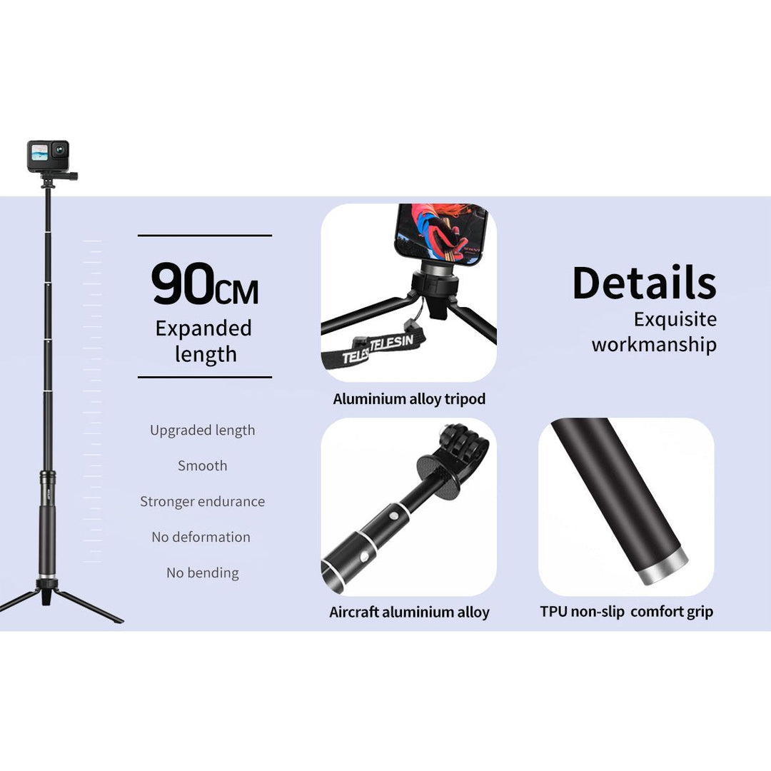 Selfie Stick Trípode Telesin Extensible Aluminio 90cm